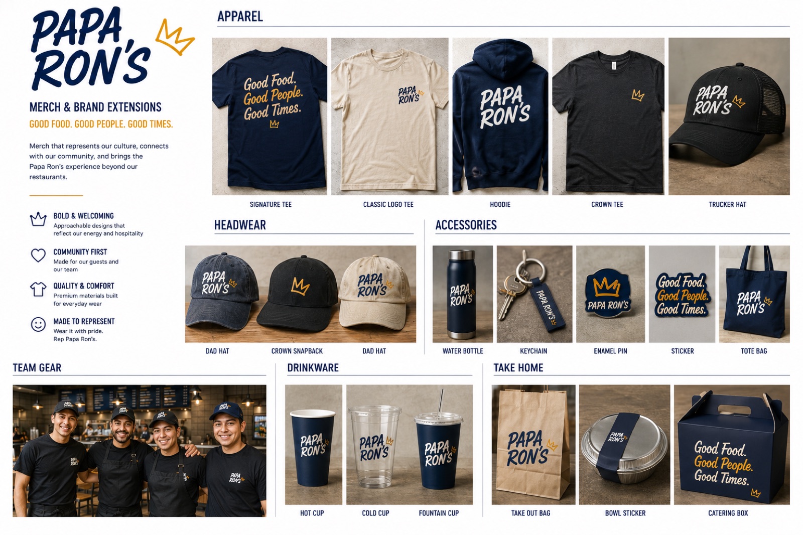 Papa Ron's merch collection — tees, hoodies, hats, drinkware, and accessories